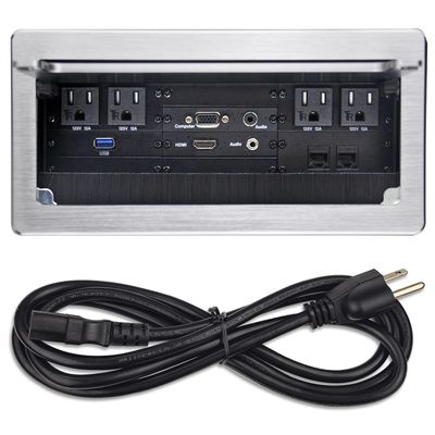 Table Recessed Power Brush Connectivity Box Outlet Power Strips with 4 AC Power + 2 RJ45CAT6 + 2 Audio 3.5mm + 1 VGA + 1 HDMI + 1 USB 3.0 (Female to Female) with 5.58ft Power Cord (Silver)