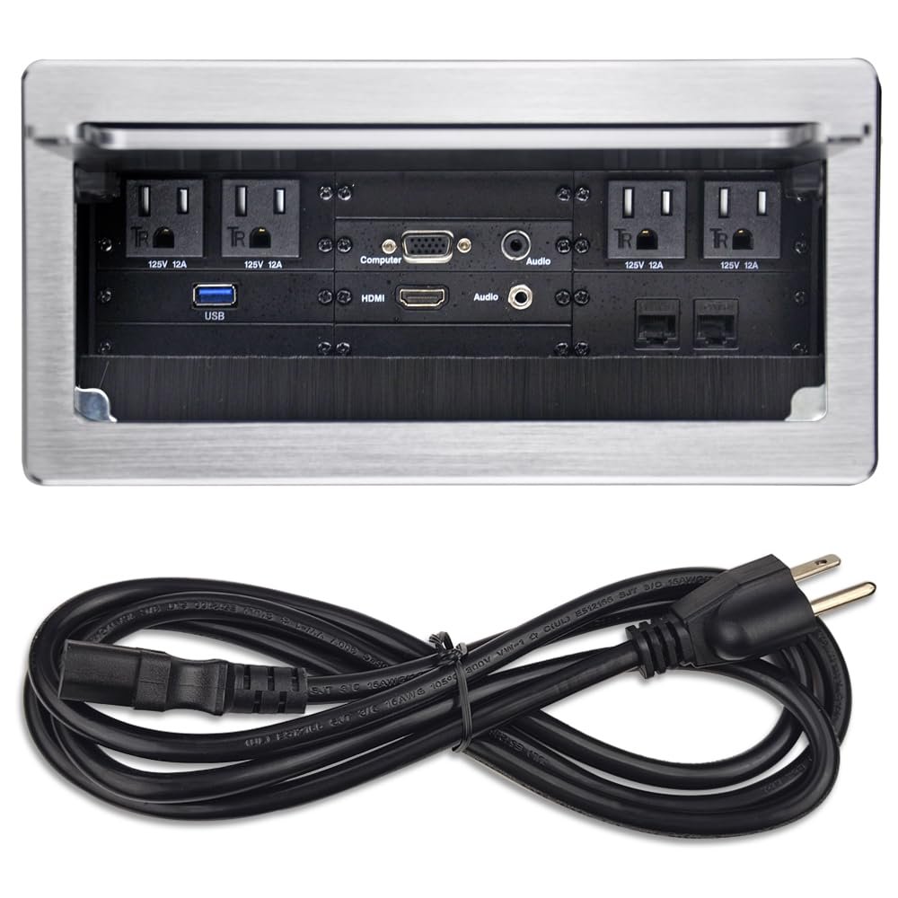 Table Recessed Power Brush Connectivity Box Outlet Power Strips with 4 AC Power + 2 RJ45CAT6 + 2 Audio 3.5mm + 1 VGA + 1 HDMI + 1 USB 3.0 (Female to Female) with 5.58ft Power Cord (Silver)