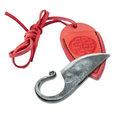 Toferner Celtic Pocket Knife, Hand Forged Knife with Red Leather Neck Case, Hardened Blade, Vintage, Antique Art Collecting, Original Gift Idea (Red)