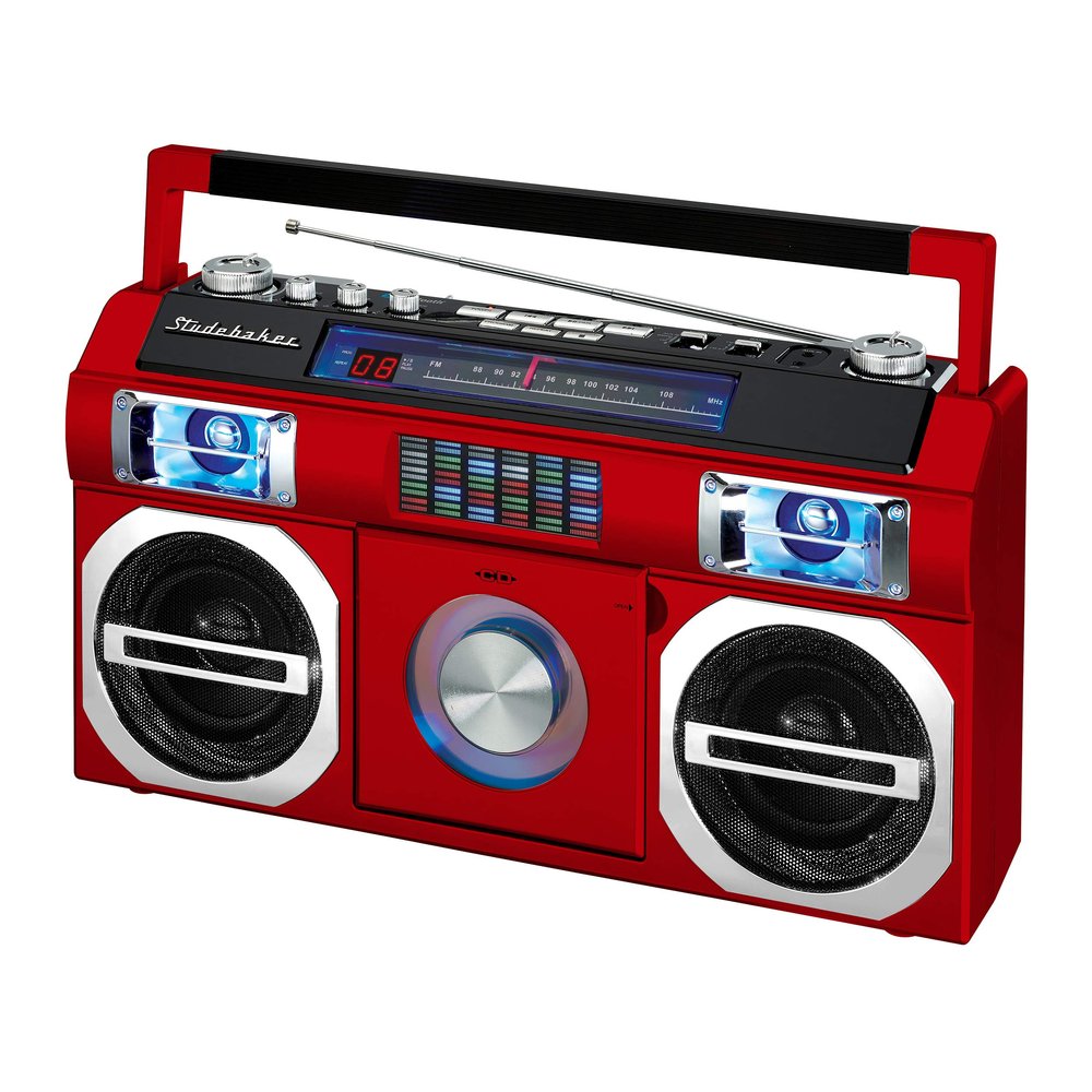 Studebaker SB2145R 80's Retro Street Bluetooth Boombox with FM Radio, CD Player, LED EQ, 10 Watts RMS Power and AC/DC in Red