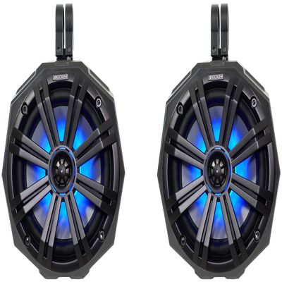 SSV Works Pair Kicker 45KM84L 8" 600 Watt Marine Boat Waterproof Speakers w/LED's KM8 Bundle with (2) 8" Speaker Swivel Cage Pods w/ 1.5" Clamps Compatible with Polaris RZR/ATV/UTV