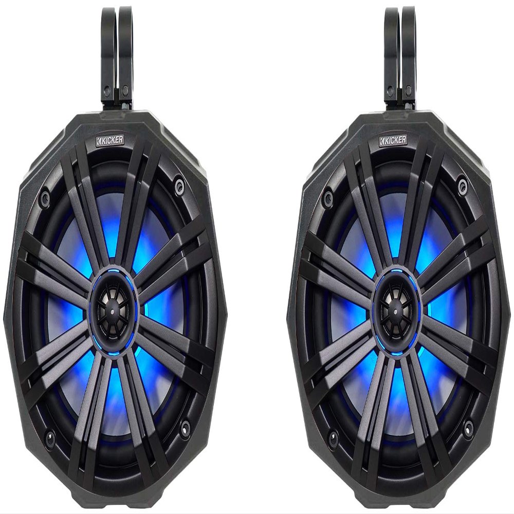 SSV Works Pair Kicker 45KM84L 8" 600 Watt Marine Boat Waterproof Speakers w/LED's KM8 Bundle with (2) 8" Speaker Swivel Cage Pods w/ 1.5" Clamps Compatible with Polaris RZR/ATV/UTV