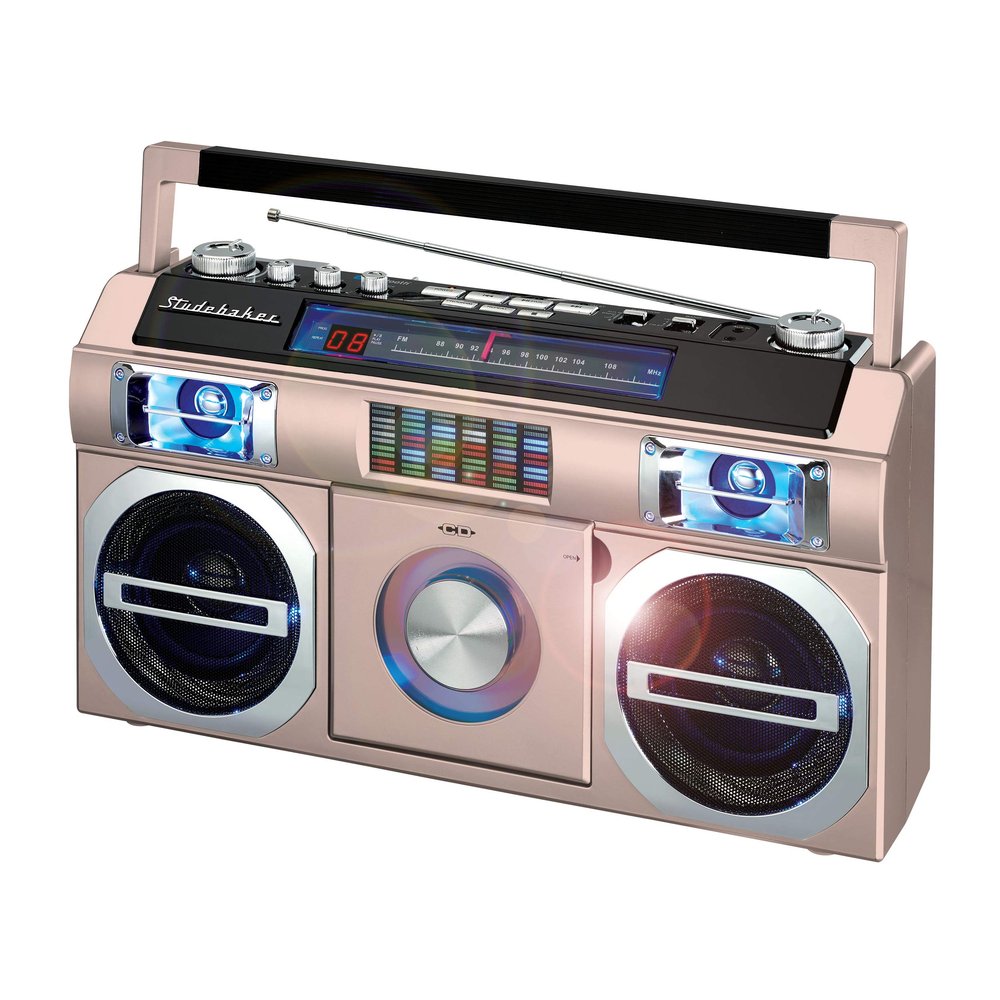 Studebaker SB2145RG 80's Retro Street Bluetooth Boombox with FM Radio, CD Player, LED EQ, 10 Watts RMS Power and AC/DC in Rose Gold