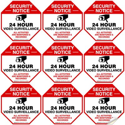Video Surveillance Sticker, (9 Pack) 3x3 Inches, 4 Mil Vinyl Decal Stickers UV Protected, Long Lasting, Fade Resistant, Indoor/Outdoor Use, Made in USA