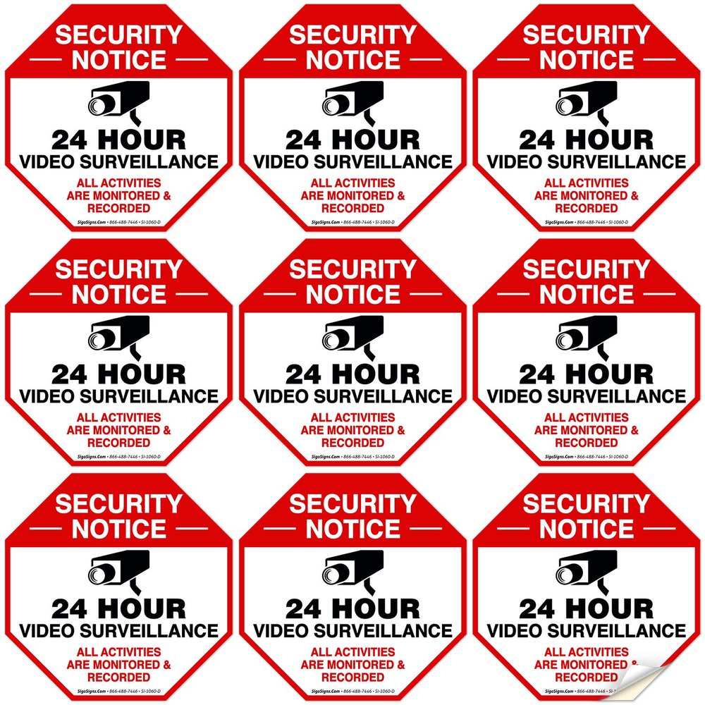 Video Surveillance Sticker, (9 Pack) 3x3 Inches, 4 Mil Vinyl Decal Stickers UV Protected, Long Lasting, Fade Resistant, Indoor/Outdoor Use, Made in USA