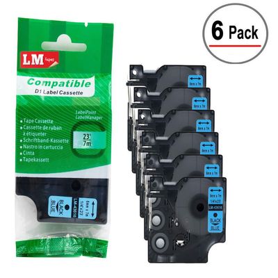 6/Pack LM Tapes - Premium LM43616 1/4" Black on Blue Label Maker Tape, Compatible with Dymo 43616 D1 Label Tape 6mm