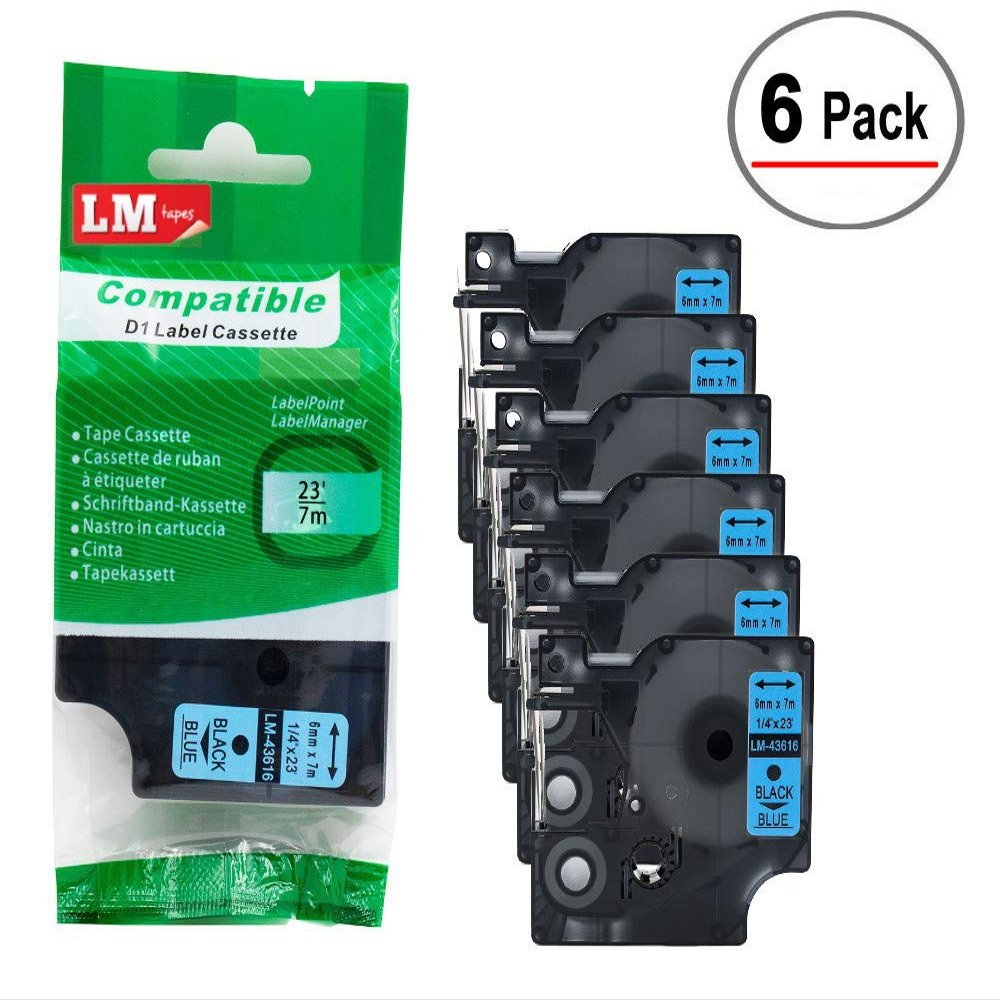 6/Pack LM Tapes - Premium LM43616 1/4" Black on Blue Label Maker Tape, Compatible with Dymo 43616 D1 Label Tape 6mm