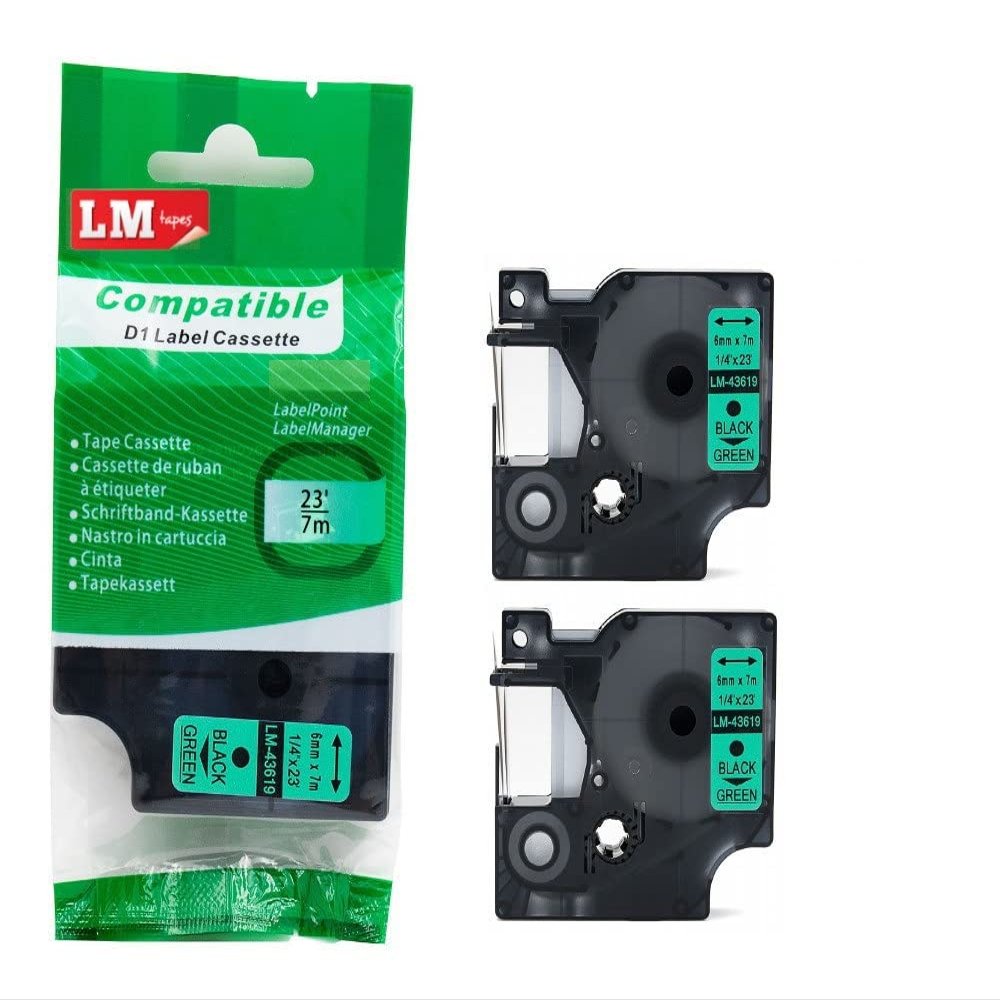 2/Pack LM Tapes - Premium LM43619 1/4" Black on Green Label Maker Tape, Compatible with Dymo 43619 D1 Label Tape 6mm
