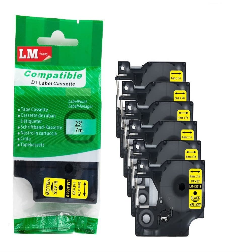 6/Pack LM Tapes - Premium LM43618 1/4" Black on Yellow Label Maker Tape, Compatible with Dymo 43618 D1 Label Tape 6mm
