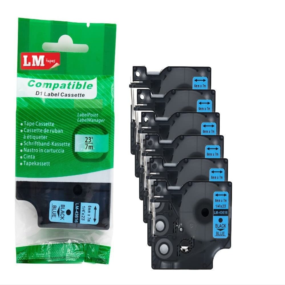 2/Pack LM Tapes - Premium LM43616 1/4" Black on Blue Label Maker Tape, Compatible with Dymo 43616 D1 Label Tape 6mm