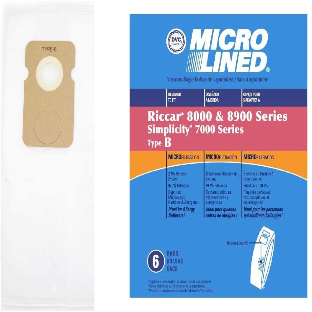 DVC Micro-Lined Paper Replacement Bags for Type B Riccar 8000 Series, and Simplicity 7000 Series Models, 6 Bags