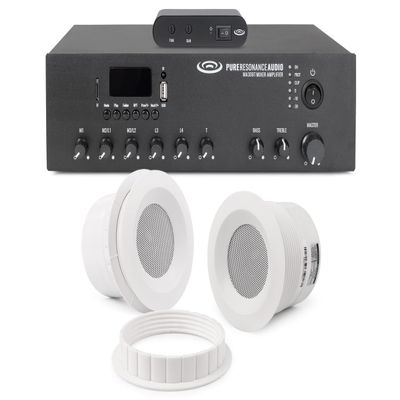 Small Sound Masking System with 2 Pure Resonance Audio C3 Ceiling Speakers, 30 Watt Bluetooth Mixer Amplifier, and Speaker Wire (5 Items)