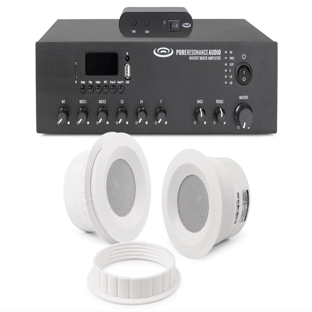 Small Sound Masking System with 2 Pure Resonance Audio C3 Ceiling Speakers, 30 Watt Bluetooth Mixer Amplifier, and Speaker Wire (5 Items)