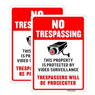 Joffreg Video Surveillance No Trespassing Sign, CCTV Security Camera,14 x 10 Inches,Reflective Aluminum,UV Printed,Weather Resistant,Waterproof,Durable Ink,Easy to Mount,Indoor Or Outdoor Use,2 Pack