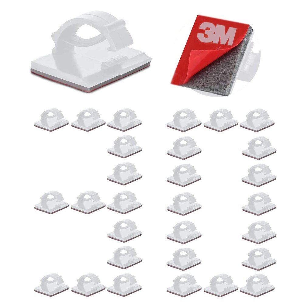 Cable Clips Self with 3M Adhesive Cord Organizer, Wire Holder Clamp Management Sticky for Desk Car Dash Cam Tables Wall, White 30pcs