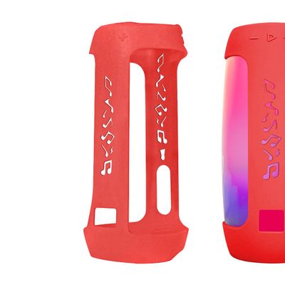 Geekria Silicone Carrying Case Compatible with JBL Pulse 4 Speaker, RGB Light Visible Protective Cover with Shoulder Strap & Carabiner, Shockproof Anti-Slip Outdoor Travel Sleeve (Red)