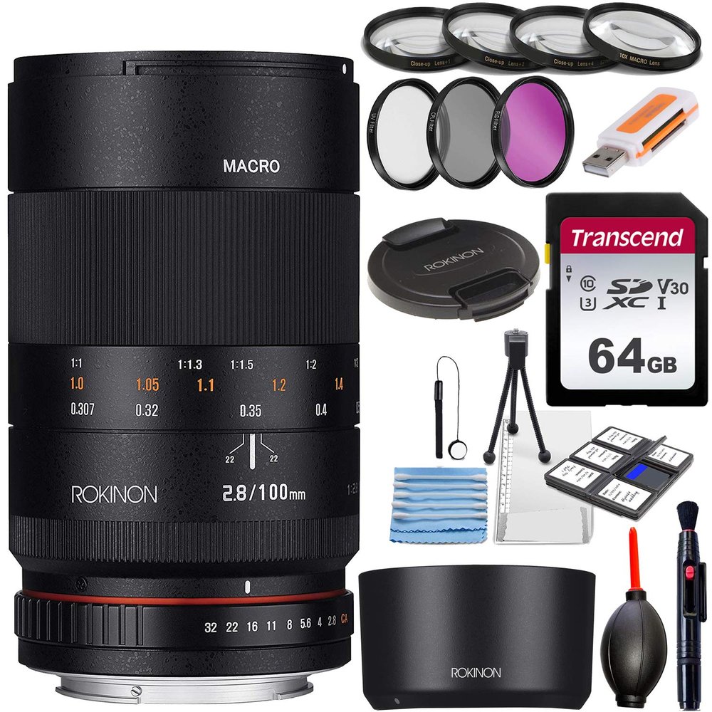 Rokinon 100mm f/2.8 Macro Lens for Nikon F Mount DSLR Cameras - with Accessory Bundle