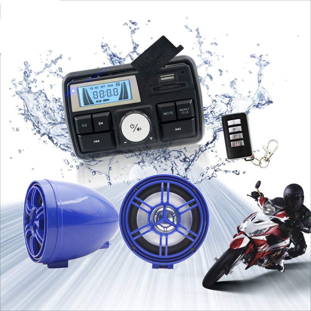 12V Radio 3 inch Motorcycle ATV UTV Golf Cart Waterproof Anti-Theft Bluetooth Speaker USB TF U Disk FM Radio Stereo System (Blue)