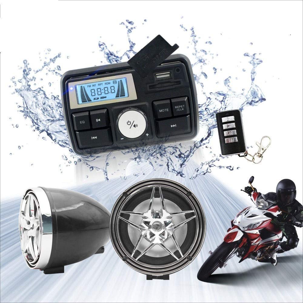 12V Radio 3 inch Motorcycle ATV UTV Golf Cart Waterproof Anti-Theft Bluetooth Speaker USB TF U Disk FM Radio Stereo System (Silver Star&Black)