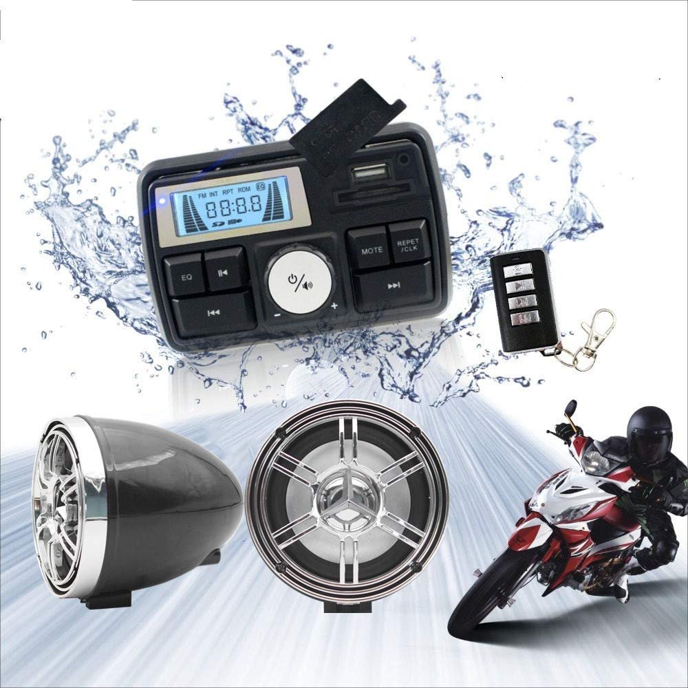 12V Radio 3 inch Motorcycle ATV UTV Golf Cart Waterproof Anti-Theft Bluetooth Speaker USB TF U Disk FM Radio Stereo System (Silver&Black)