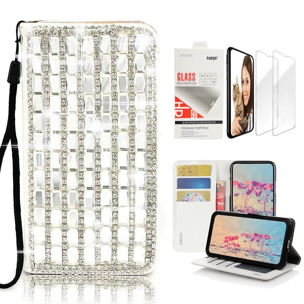 STENES Bling Wallet Phone Case Compatible with LG V60 ThinQ - Stylish - 3D Handmade Pearl Lattice Design Leather Cover with Screen Protector [2 Pack] - White