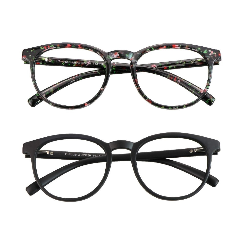 Blue Light Blocking Glasses, 2 Pairs Computer Glasses for Anti EyestrainStylish Oval Frame, Anti Glare (Red Floral + Black, No Magnification)