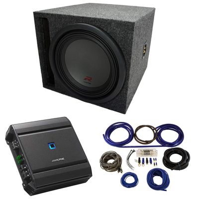 American Sound Connection ASC 1X12VMBASS Universal Car Audio Single 12 SPL Bass Labyrinth Vent Sub Box Enclosure, S-A60M Type S Series Class D Sub 1200W Amp and R-W12D4 Type R Series Dual 4 Ohm 2250W