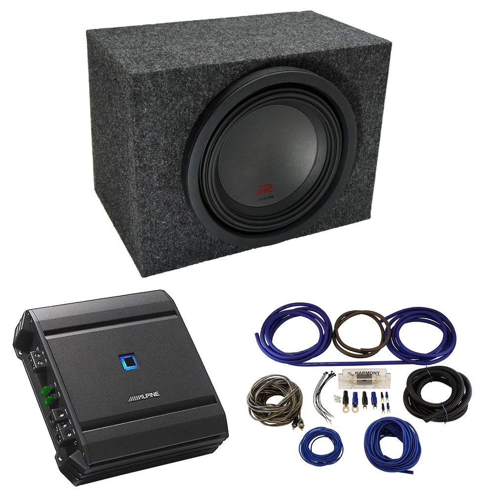 American Sound Connection Alpine Type R Bundle Compatible with Universal Car R-W10D4 Single 10" Loaded Sealed Rearfire Sub Box Enclosure with S-A60M Amplifier and 4GA Amp Wiring Kit