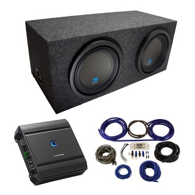 American Sound Connection Universal Car Stereo Rearfire Sealed Dual 10" Alpine Type S S-W10D2 Sub Box Enclosure with S-A60M Amplifier & 4GA Amp Kit