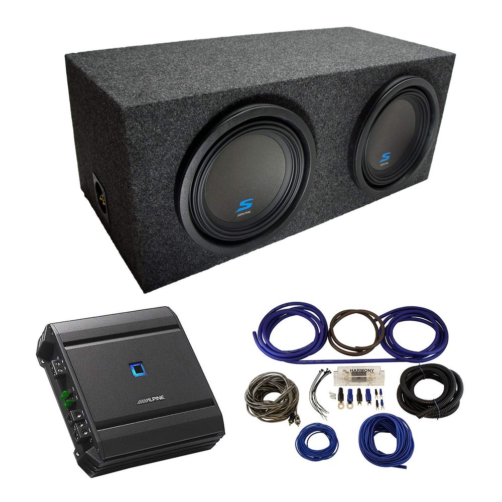 American Sound Connection Universal Car Stereo Rearfire Sealed Dual 10" Alpine Type S S-W10D2 Sub Box Enclosure with S-A60M Amplifier & 4GA Amp Kit