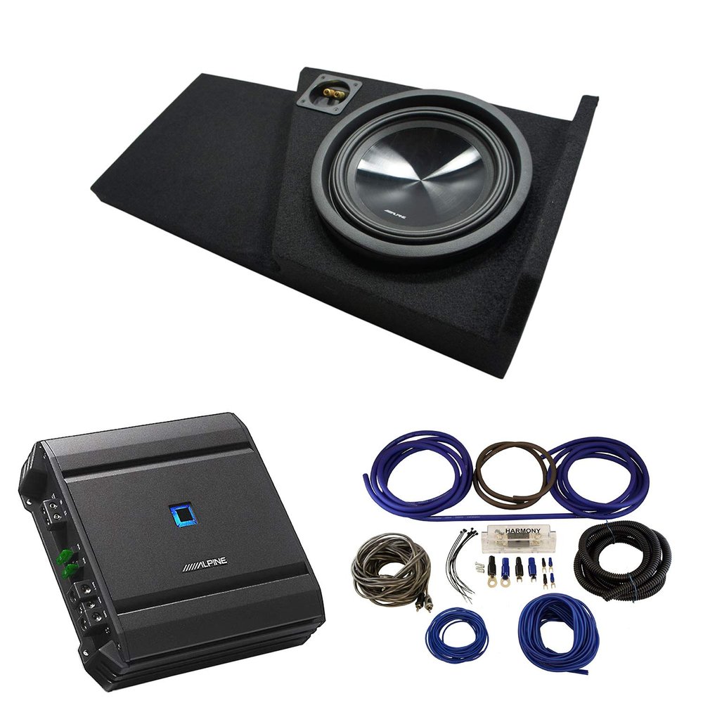 American Sound Connection Compatible with 2014-2018 Chevy Silverado Double Cab Alpine SWT-10S2 Single 10 Sub Box with S-A60M Amplifier & 4GA Amp Kit