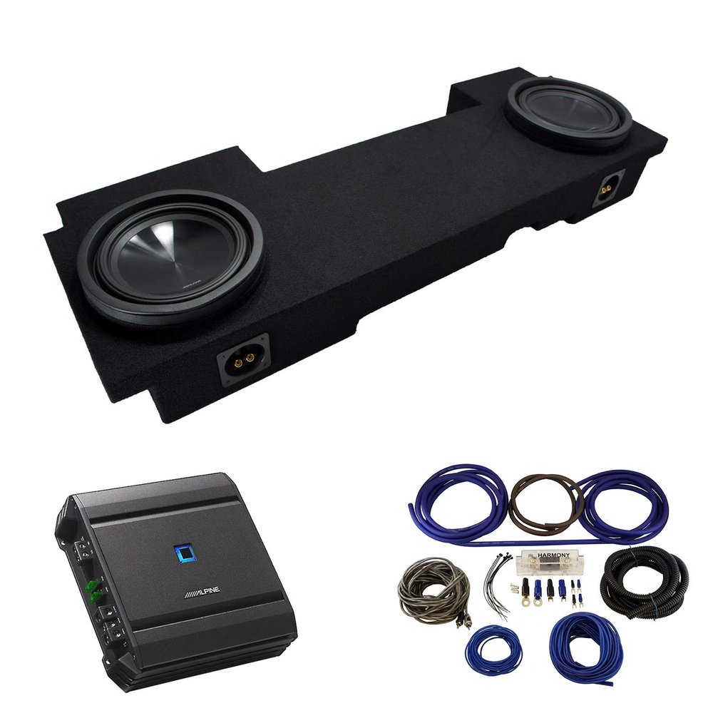American Sound Connection Compatible with 2002-2013 Chevy Silverado HD Crew Truck Alpine SWT-10S4 Dual 10" Sub Box Enclosure with S-A60M Amplifier & 4GA Amp Kit