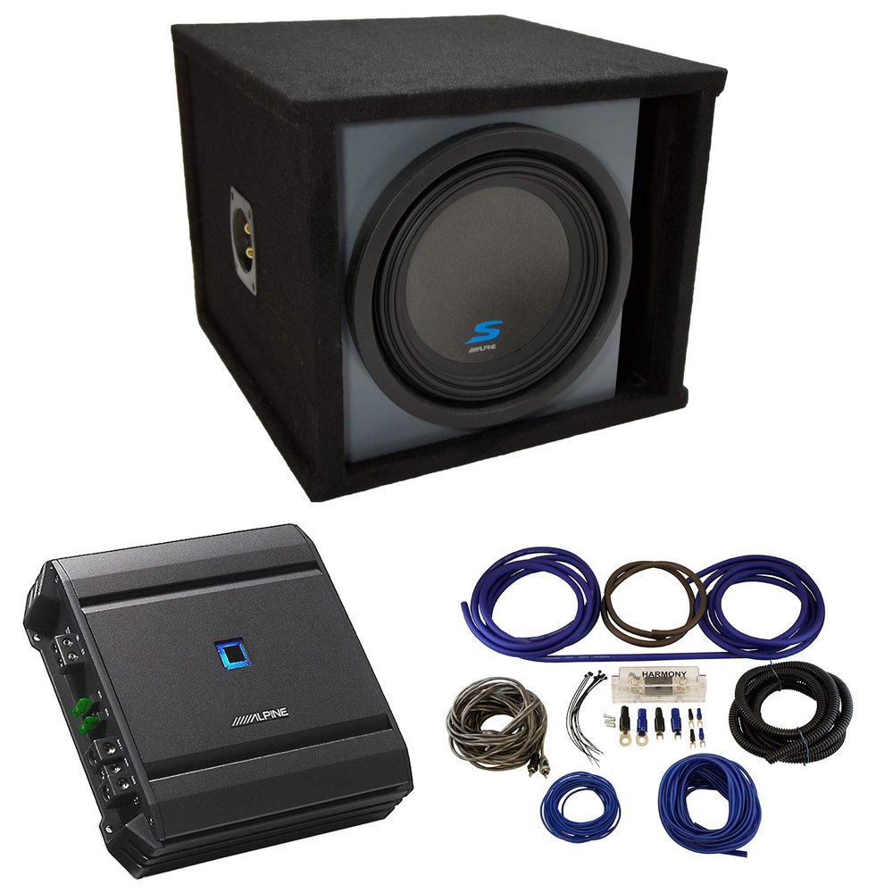 American Sound Connection Universal Car Stereo Paintable Ported 10" Alpine Type S S-W10D4 Sub Box Enclosure with S-A60M Amplifier & 4GA Amp Kit