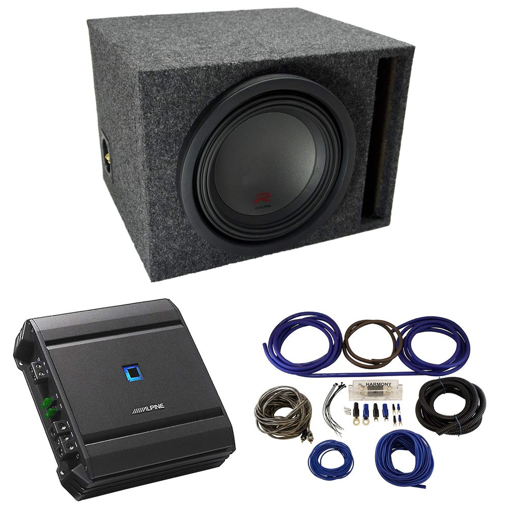 American Sound Connection Alpine Type R Bundle Compatible with Universal Car R-W10D4 Single 10" Loaded Vented Port Sub Box Enclosure with S-A60M Amplifier and 4GA Amp Wiring Kit