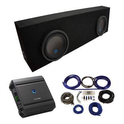 American Sound Connection Universal Regular Cab Truck Alpine Type S S-W10D2 Dual 10" Black Sub Box Enclosure with S-A60M Amplifier & 4GA Amp Kit