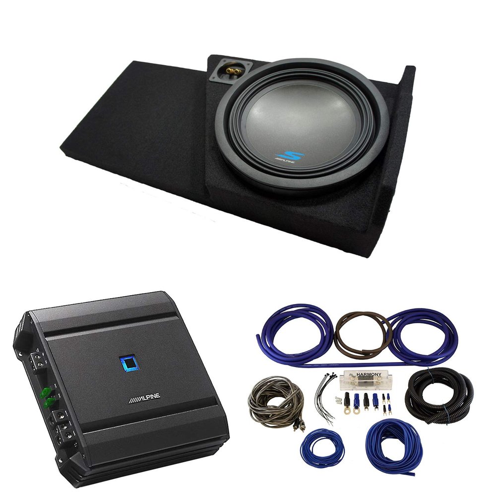 American Sound Connection Universal Car Stereo Hatchback Sealed Single 12" Alpine Type S S-W12D4 Sub Box Enclosure with S-A60M Amplifier & 4GA Amp Kit
