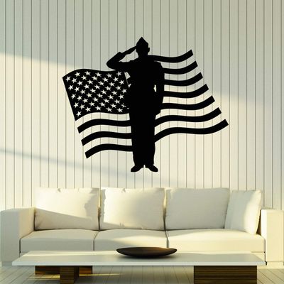 Vinyl Wall Decal American Flag Patriotic Soldier Military Art Stickers Mural Large Decor (g2505) Black
