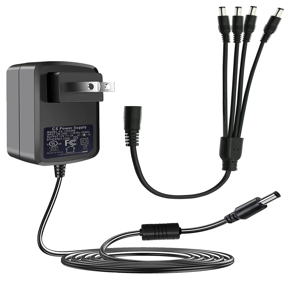 Lonnky DC 12V 2A Security Camera Power Adapter Combine with 1 to 4 Power Splitter for CCTV Security Camera System, UL/FCC Certificate for North America