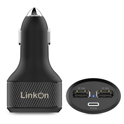 LinkOn 84W USB-C Car Charger PD3.0 (60W) + USB-A QC3.0 (18W) Dual Port Fast Charger for Laptops, Phones, Tablets, and other; Compatible with MacBook, Dell XPS, HP, iPad Pro, iPhone, Galaxy, and more