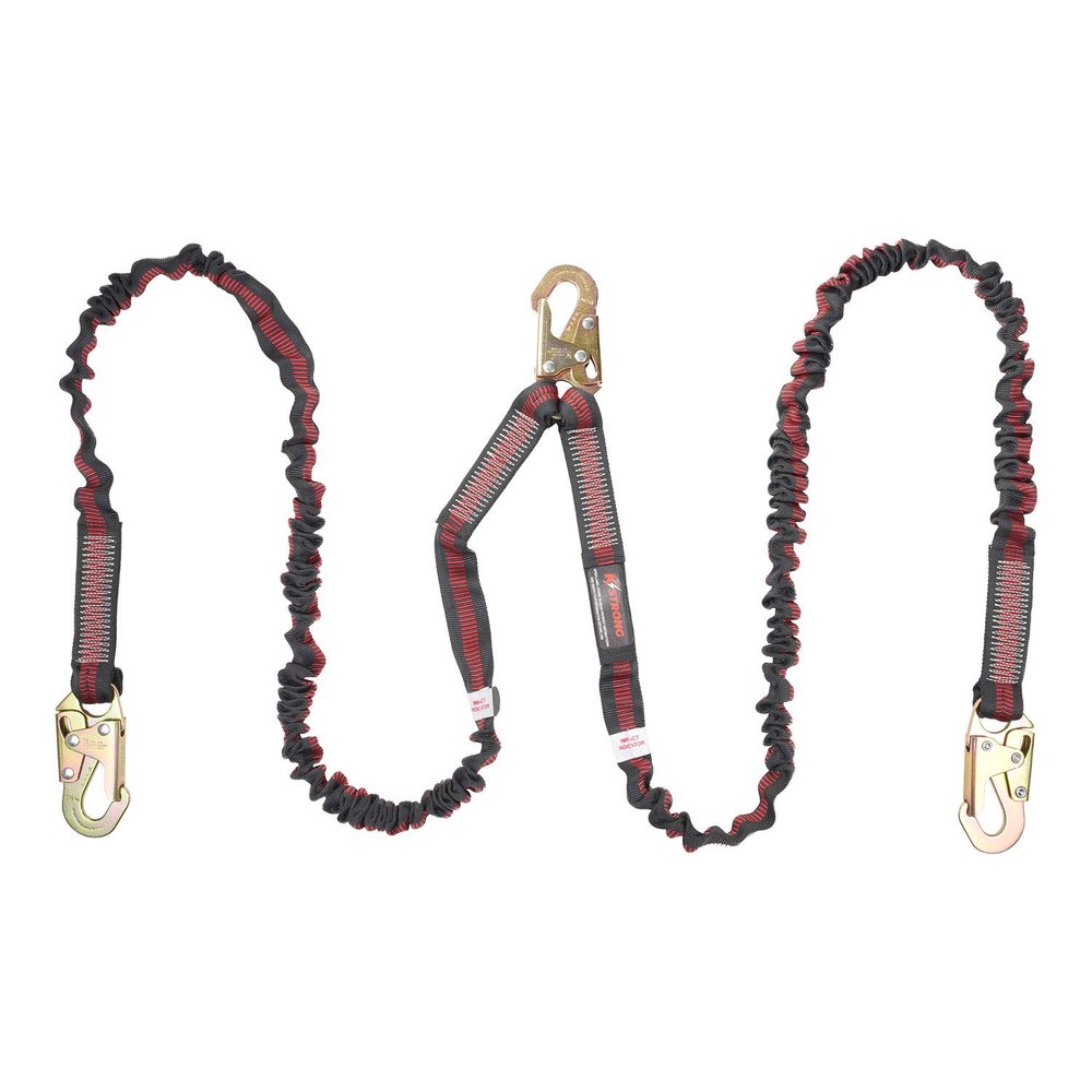 KStrong UFL204121 Twin Leg 100% Tie-Off Internal Design Shock Absorbing Lanyard with 3 Snap Hooks (Steel), ANSI Compliant, 6-Ft, Black/Red