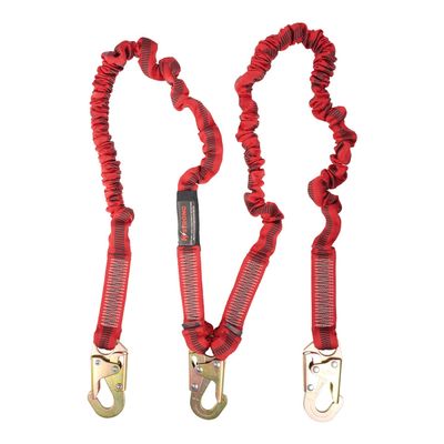 KStrong UFL206121 Twin Leg 100% Tie-Off Elasticated Design Shock Absorbing Lanyard with 3 Snap Hooks (Steel), ANSI Compliant, 6-Ft, Red