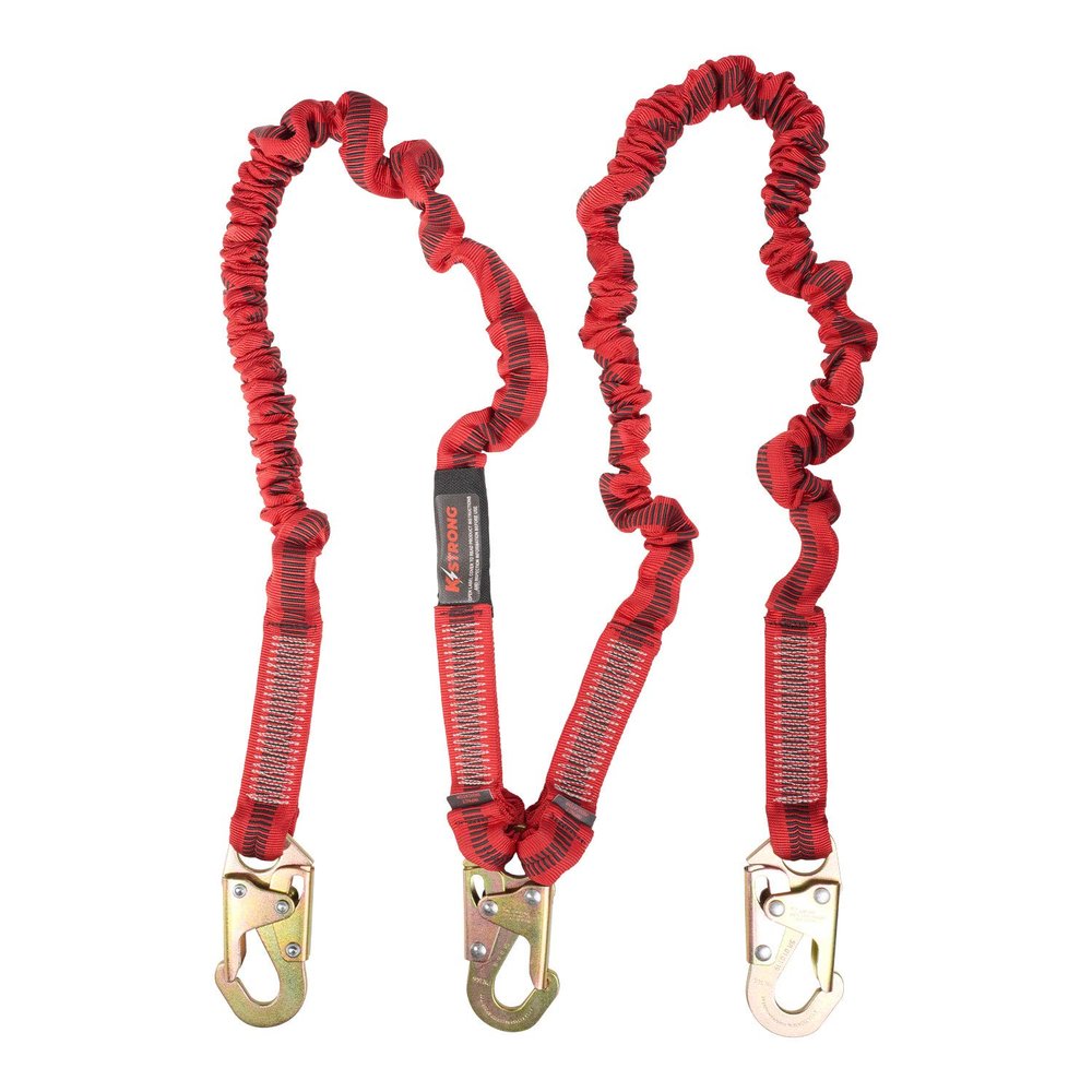 KStrong UFL206121 Twin Leg 100% Tie-Off Elasticated Design Shock Absorbing Lanyard with 3 Snap Hooks (Steel), ANSI Compliant, 6-Ft, Red