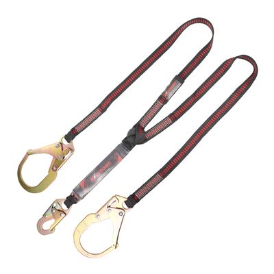KStrong UFL201131 Clear Pack Design Twin Leg 100% Tie-Off Shock Absorbing Lanyard with 1 Steel Snap Hook and 2 Steel Rebar Hooks, ANSI Compliant, 6-Ft, Black/Red