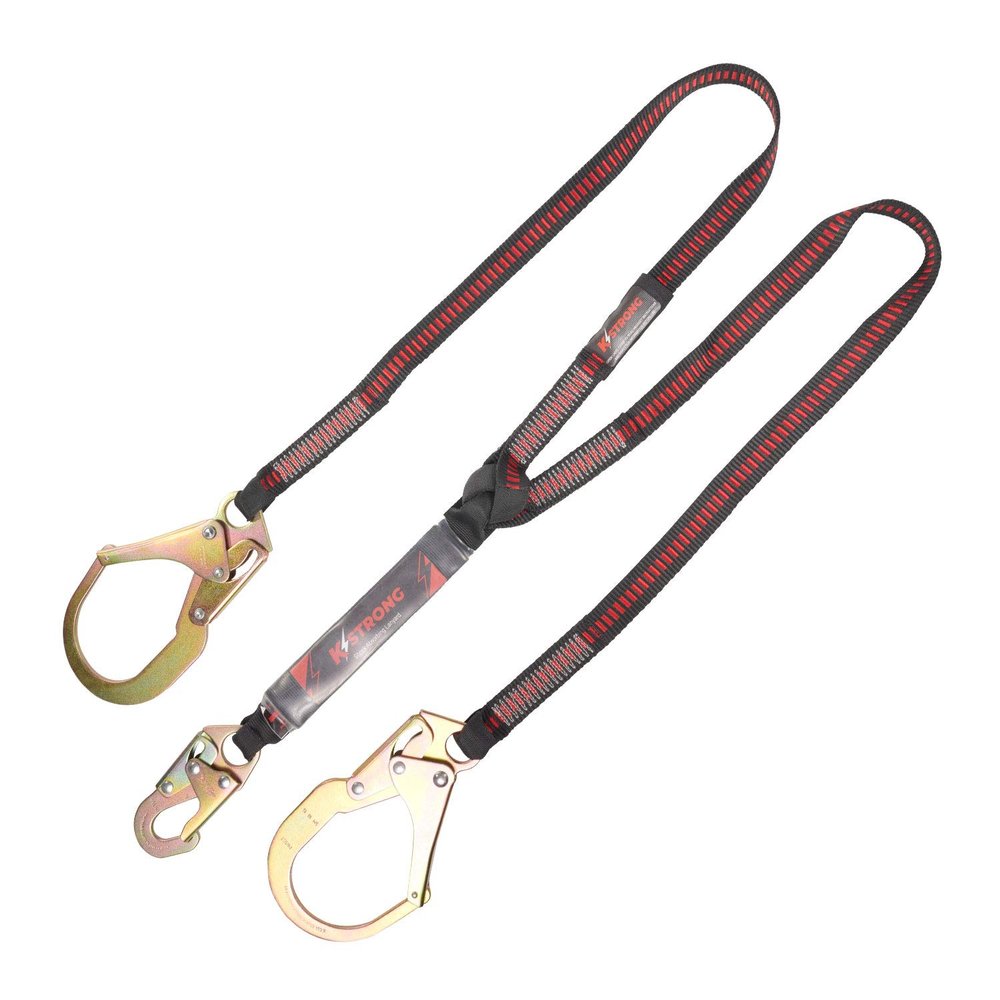KStrong UFL201131 Clear Pack Design Twin Leg 100% Tie-Off Shock Absorbing Lanyard with 1 Steel Snap Hook and 2 Steel Rebar Hooks, ANSI Compliant, 6-Ft, Black/Red