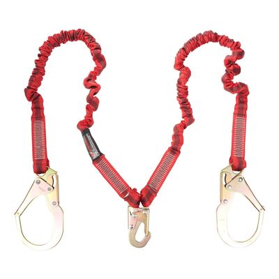 KStrong UFL206131 Twin Leg 100% Tie-Off Elasticated Design Shock Absorbing Lanyard with 1 Snap Hook and 2 Rebar Hooks, ANSI Compliant, 6-Ft, Red