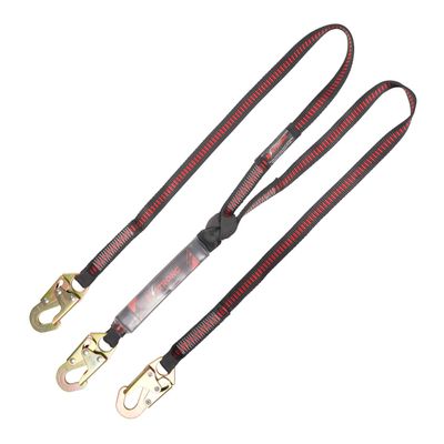 KStrong UFL201121 Clear Pack Design Twin Leg 100% Tie-Off Shock Absorbing Lanyard with 3 Steel Snap Hooks, ANSI Compliant, 6-Ft, Black/Red