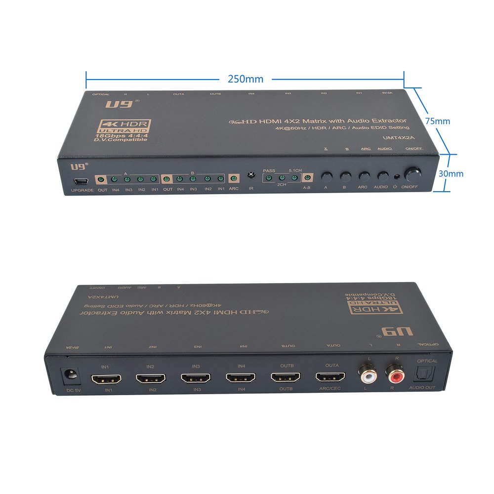 U9 ViewHD HDMI 4x2 with Audio Extractor Matrix/Pre-Amplifier | HDMI 2.0 4K@60Hz | HDCP 2.2 | 18Gbps | HDR + Dolby Vision | ARC | Toslink & RCA L/R Audio Output | Model: UMT4X2A