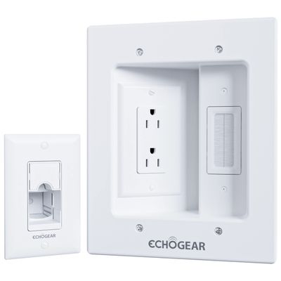 ECHOGEAR TV Cord Hider for Wall Mounted TV  Dual Outlet in-Wall Cable Management Kit for Power & Low Voltage Cables  Includes 6.25L x 8H x 3.95D Module, Wall Template, Saw, 6ft Extension Cord