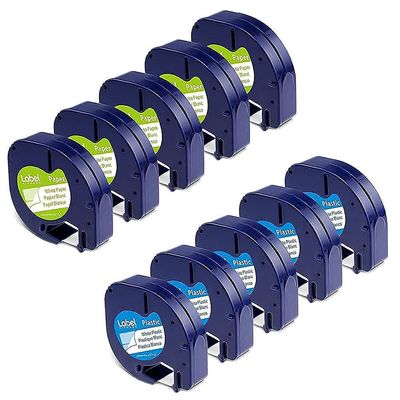 5 Paper + 5 Plastic Compatible DYMO Letratag Refills, White Print on Black, 12mm x 4m (1/2" x 13') for Dymo Letra Tag Label Maker LT100H LT100T QX50
