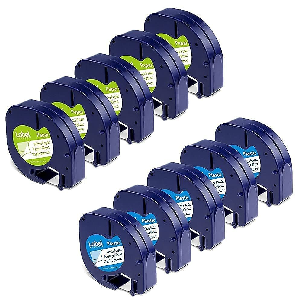 5 Paper + 5 Plastic Compatible DYMO Letratag Refills, White Print on Black, 12mm x 4m (1/2" x 13') for Dymo Letra Tag Label Maker LT100H LT100T QX50